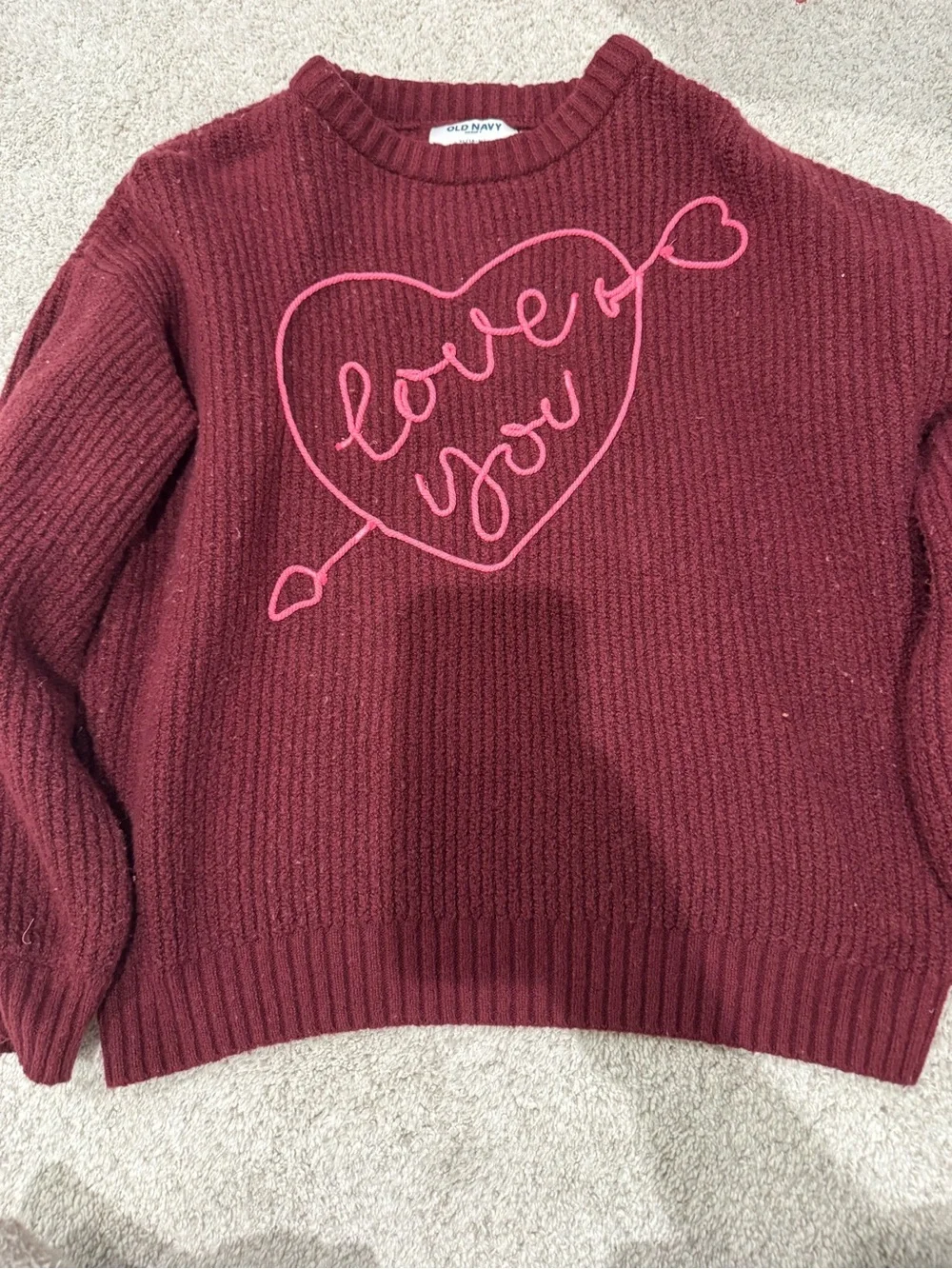 Old Navy Burgundy Sweater with Pink Heart 'Love You' Graphic